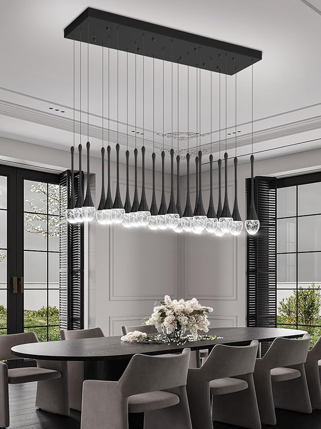 24-Lights Rectangular Chandelier Crystal Raindrop Chandeliers Flush Mount Ceiling Light for Dining Room Living Room High Ceiling Chandelier for Staircase Foyer Entryway Black Chandeliers