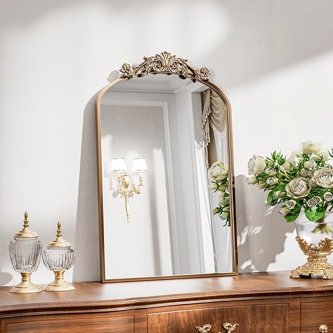 Antique Arched Wall Mirror, 22"x30" Vintage Gold Bathroom Mirror - Baroque Metal Frame Brass Mirror for Living Room, Bathroom, Fireplace, Entryway, Bronze