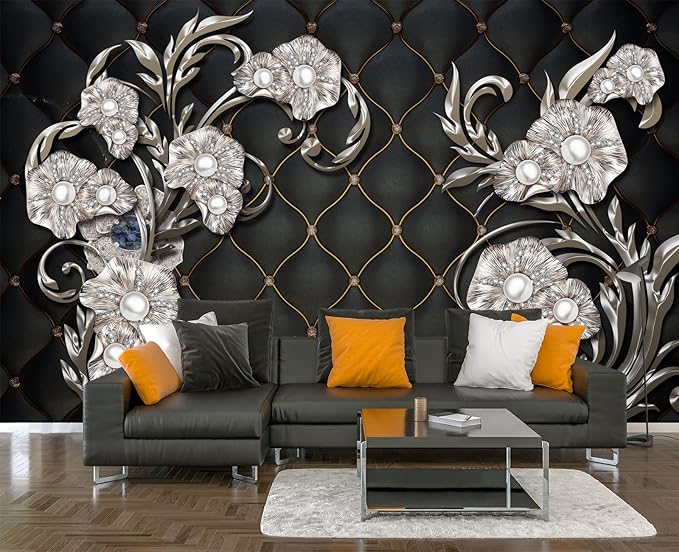 Black Hard Wrapped Pearl Embossed Flowers Wall Mural Wallpaper for Bedroom 137" x 100"