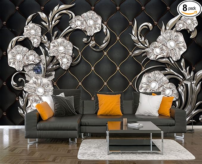 Black Hard Wrapped Pearl Embossed Flowers Wall Mural Wallpaper for Bedroom 178" x 117"