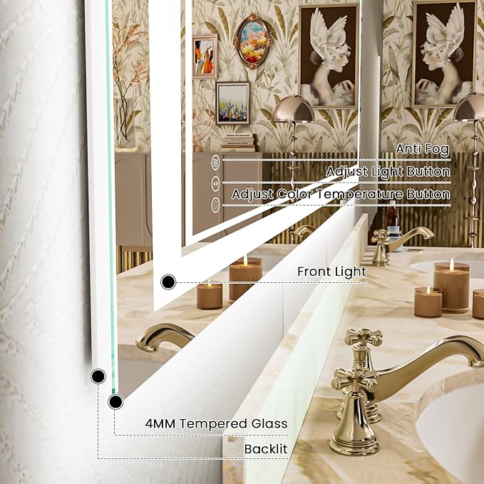 38x38 Inch LED Bathroom Mirror with Lights, Backlit and Front Lighted Bathroom Mirrors for Wall, Anti-Fog Dimmable Memory Shatterproof LED Vanity Mirror for Bathroom