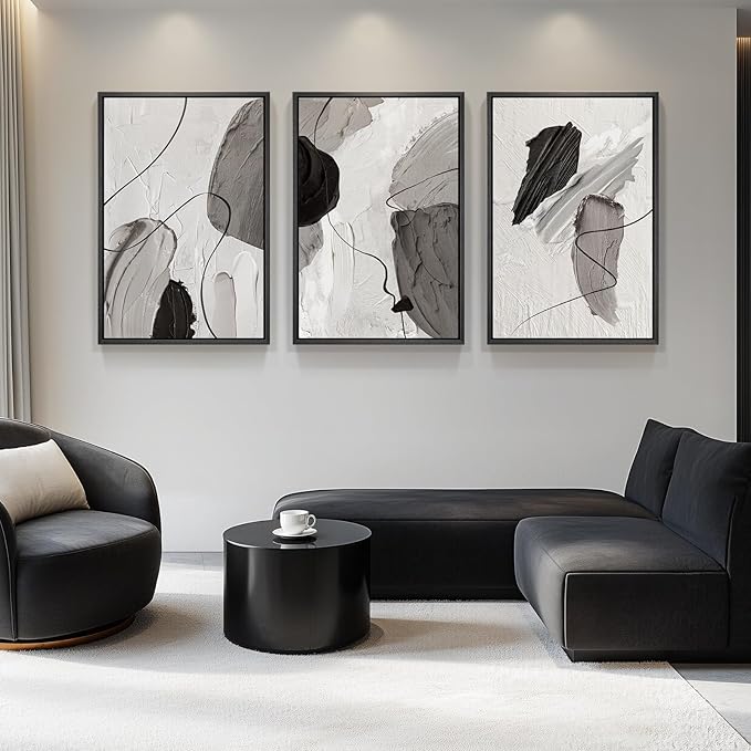 Large Framed Modern Abstract Wall Art for Living Room, 3 Piece Black White Gray Canvas Prints Paintings Artwork for Walls, Minimalist Abstract Pictures for Hallway, Stair, Office Wall Decor 24x36 In