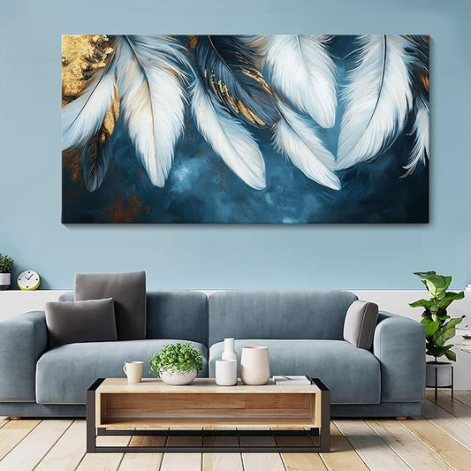 Mofutinpo Blue and Gold Wall Art Navy Blue Decor for Living Room Feather Canvas Art Wall Decor, Blue Bedroom Wall Decor Above Bed Pictures Wall Painting - Artwork for Walls 29×58IN