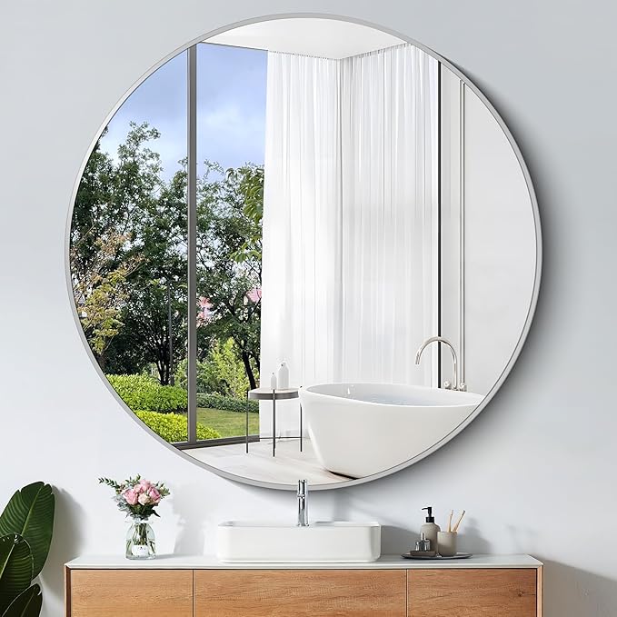 KOCUUY 48" Large Silver Round Mirror, Oversized Wall Mounted Bathroom Metal Framed Circle Mirror, Modern Vanity Circular Mirrors for Wall, Over Sink, Living Room, Bedroom Decor