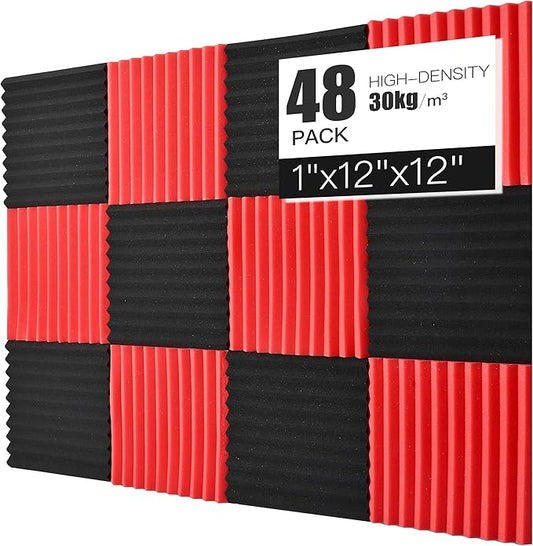 Acoustic Foams Panels 48 Pack 1" x 12"x 12" Sound Proof Foam Panels for Walls High Density and Fire Resistant Soundproofing Panels Soundproof Studio Wedges Sound Dampening Panels Black Red