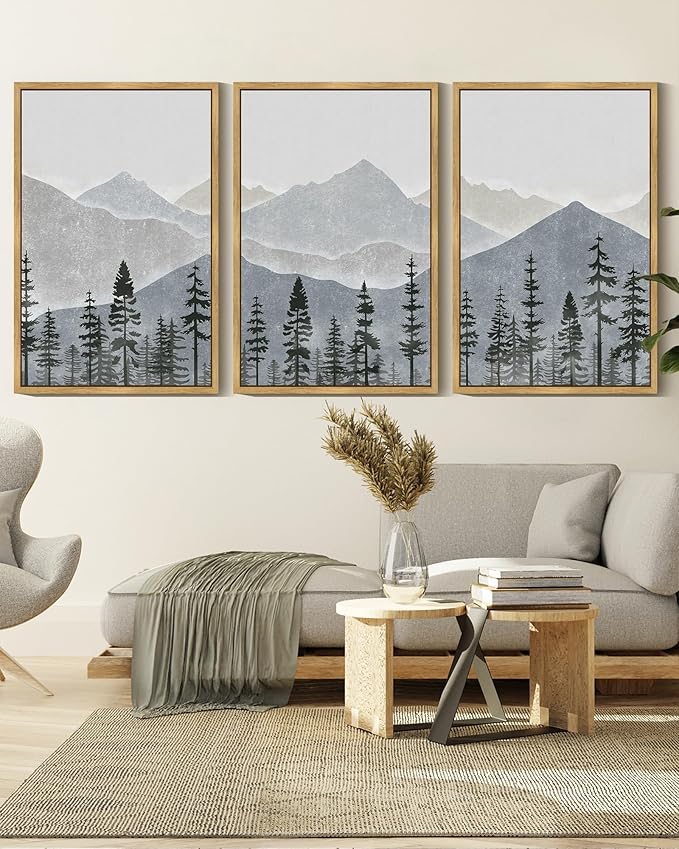 KUVIOKE Mountain Landscape Framed Wall Art Watercolor Nature Forest Painting Boho Farmhouse Rustic Home Decor 16x24in (Natural Framed)