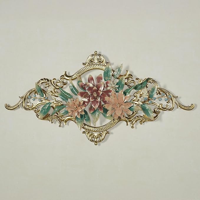 Abylissa Floral Metal Wall Art | Hand-Finished and Hand-Dyed with Pastel-Hued Alcohol Ink | Shimmering Metallic Gold Leaf Detailing | Openwork, Dimensional Flower Wall Sculpture with Regal Scrollwork