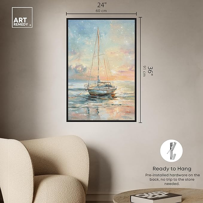 Art Remedy Boat On The Shore Framed Sailing 1 Piece Canvas Wall Art, 25" x 37", Black Frame