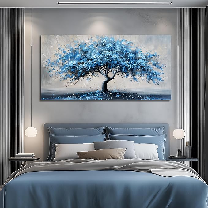 KELIYUAN Wall Art For Living Room Large Wall Decor For Office Bedroom Wall Decorations Abstract Canvas Painting Blue Tree Pictures Artwork Ready To Hang Guesthouse Room Mural Home Decor 24x48 In