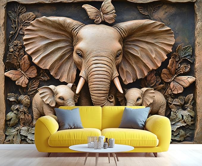 African Elephants Mural Wallpaper, Greek Reliefs Murals, Butterflies Flowers Murals Wallpaper for Living Room Bedroom Home Decor Mural - 118" W x 82.28" H (Not Peel Stick)
