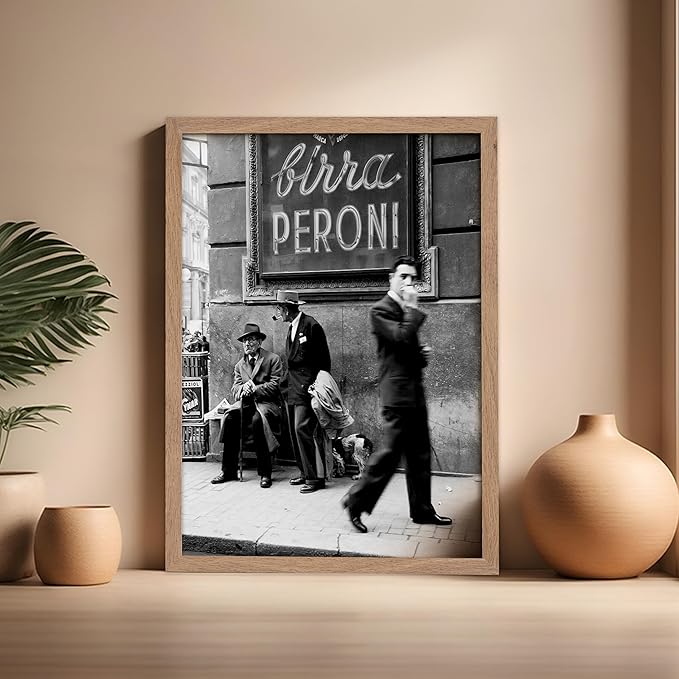 Poster Master Vintage Photograph Poster - Travel Print - Men in a Street of Napoli, Italy, Black & White, Minimalist - Gift for Artist, Friend - Wall Decor for Home, Office, 16x20 Beige Framed