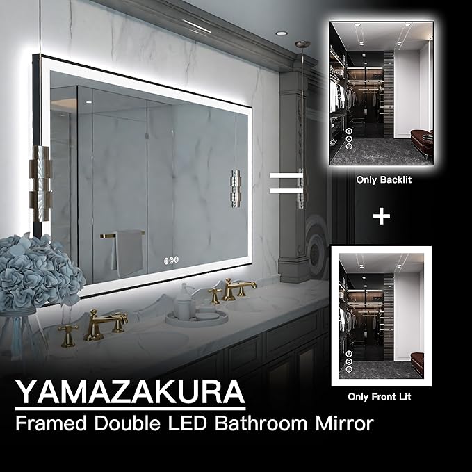 LED Mirror for Bathroom 60x36 - Vanity With Backlit and Front Light, Framed Dimmable Illuminated for Wall, Anti-Fog, Shatterproof, Memory, 3 Colors (Horizontal/Vertical)