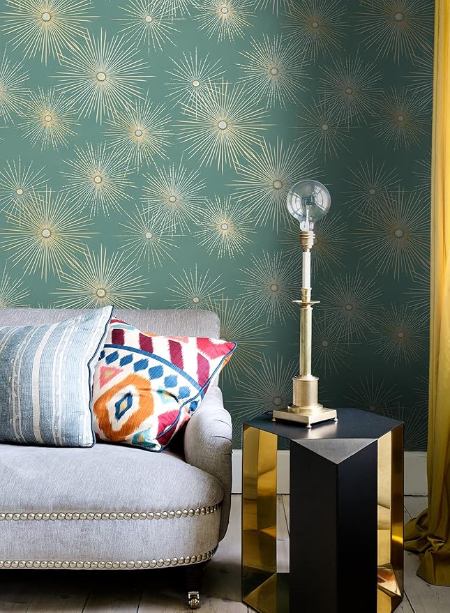 NextWall Star Burst Geo Mid Century Peel and Stick Wallpaper (Teal & Metallic Gold)