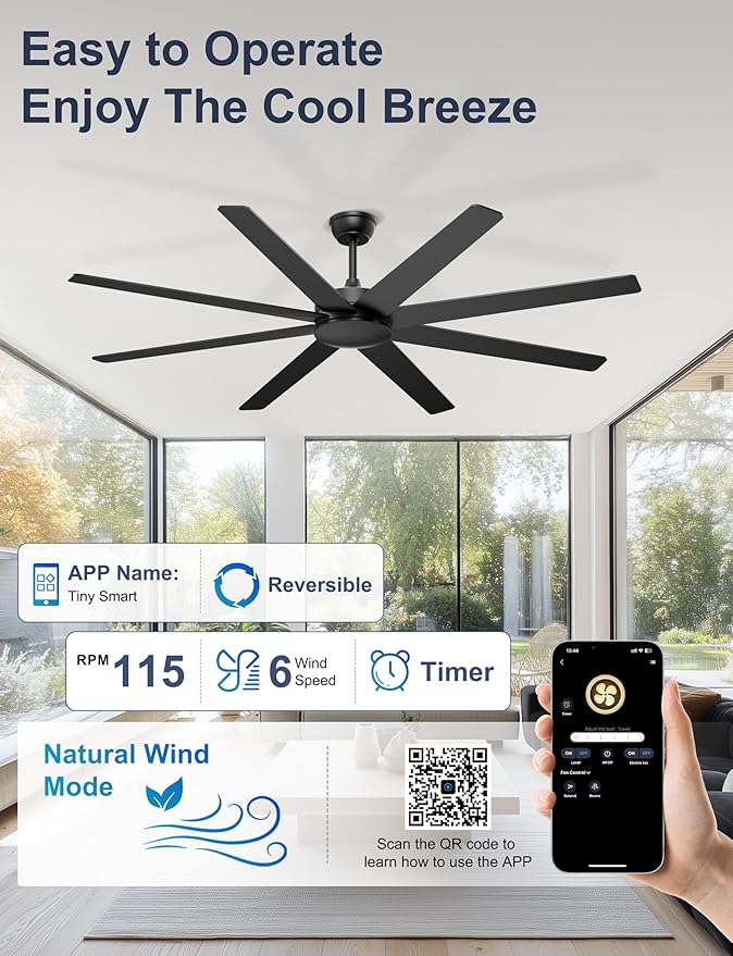 72'' Large Ceiling Fans No Lights, Modern Black Ceiling Fan Remote/APP Control, Quiet DC Motor Big Ceiling Fan for Shop Garage Covered Outdoor Patios