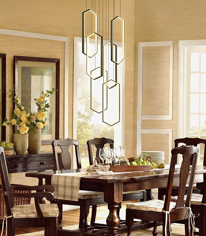 6 Rings Modern Chandelier LED Dimmable Pendant Lighting Adjust Flush Mount Ceiling Light for Foyer Lobby Living Room Staircaes Black