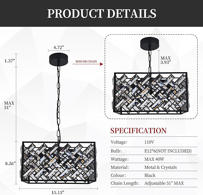 Modern Crystal Chandelier, 6-Light Black Chandeliers for Dining Room with Adjustable Chain, 51 Inch Ceiling Light Fixture for Bedroom, Foyer (Bulbs Not Included)