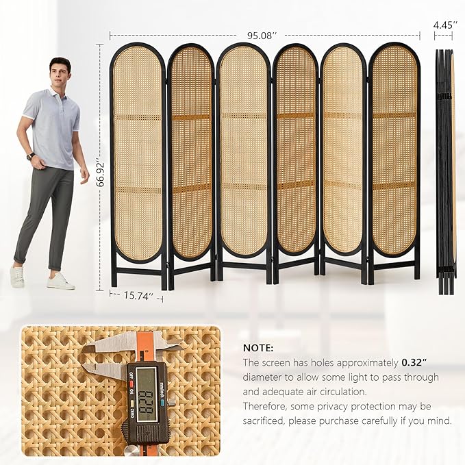 6 Panels Room Divider, Foldable Wooden Room Divider, Individual Privacy Screen Made of Hand-Woven Rattan, Portable Wall Divider for Home Office Bedroom Bathroom Dressing Room (Black Natural)