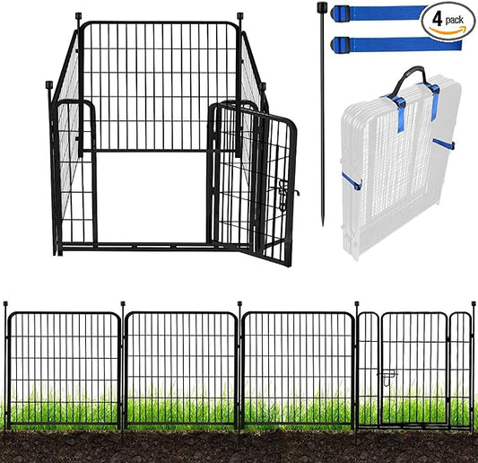 ADAVIN 32 in(H) Garden Fences and Borders,1 Gate+3 Panels Dog Fence Outdoor for Yard, Heavy Duty Iron Metal Animal Barrier Fence, Camping Fence, Flower Garden Fencing,Total 8.9 Ft(L), Black