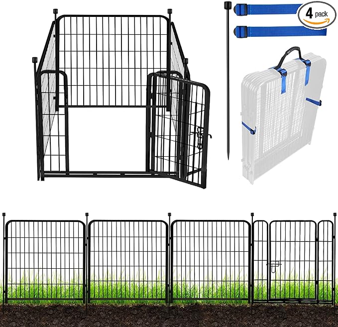 ADAVIN Tall Garden Fence with Gate, 48 in(H) 4 Panels Heavy Duty Iron Metal Fencing Border, Indoor or Outdoor Dog Playpen, Animal Barrier Fence, No Dig Fencing for Yard, Total 8.9 FT(L), Black