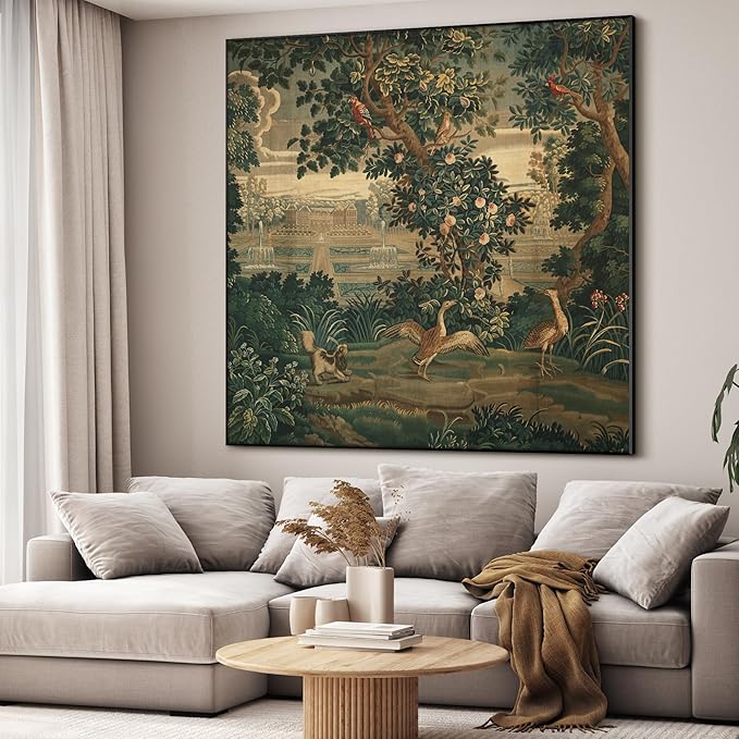 60"x60" XL Framed Wall Art - Ornate Botanical Garden Scene with Birds (Frame Assembly Required)
