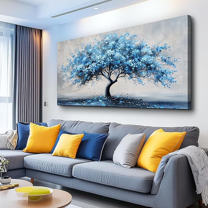 KELIYUAN Wall Art For Living Room Large Wall Decor For Office Bedroom Wall Decorations Abstract Canvas Painting Blue Tree Pictures Artwork Ready To Hang Guesthouse Room Mural Home Decor 24x48 In