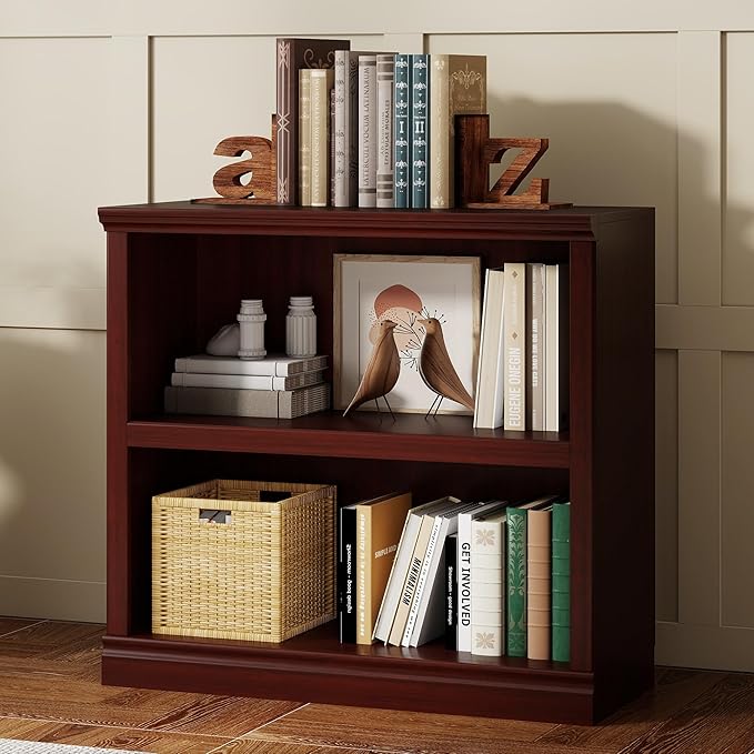 30" Bookcase, White Floor Standing Bookshelf, 2-Tier Display Shelves Open Storage Organizer, Book Case for Living Room Hallway Kitchen Home Office Bedroom, Mahogany 2 Tiers