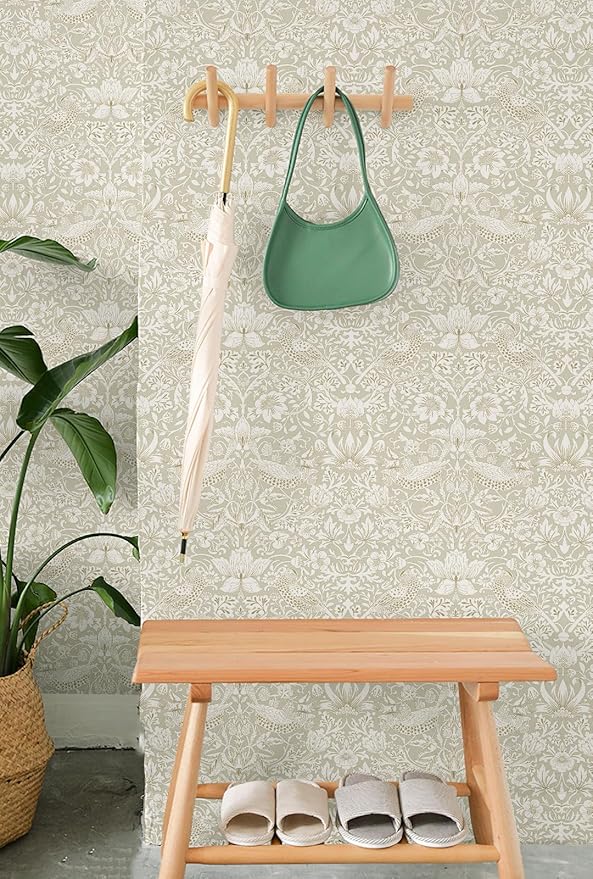 17.7x394in Vintage Floral Wallpaper Peel and Stick William Morris Wallpaper Neutral Strawberry Bird Botanical Self Adhesive Removable Waterproof Contact Paper for Living Room Bedroom Bathroom