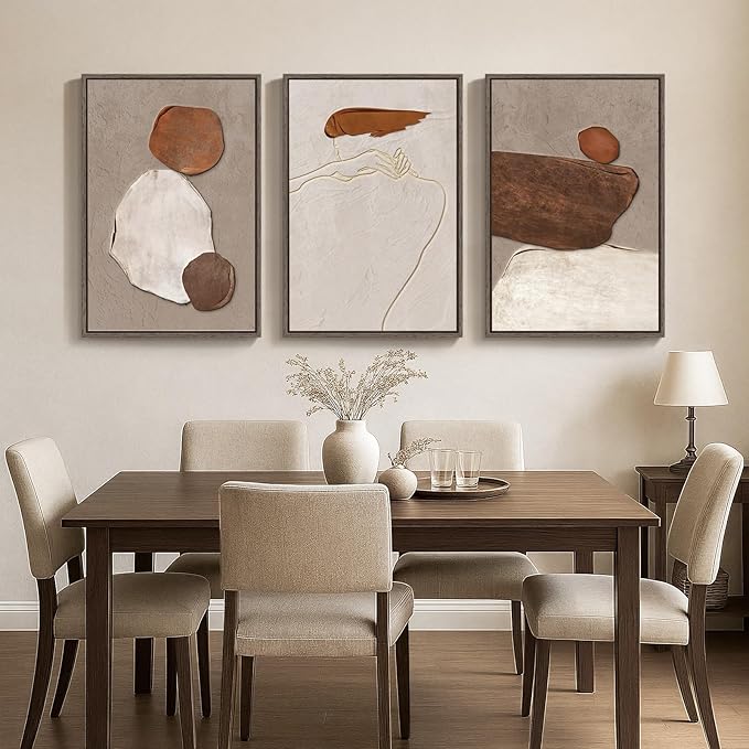 Large Framed Neutral Abstract Wall Art, 3 Piece Rustic Beige and Brown Canvas Prints Paintings Artwork for Walls, Minimalist Stone Pictures for Living Room Hallway Stair Office Wall Decor 20x30 In