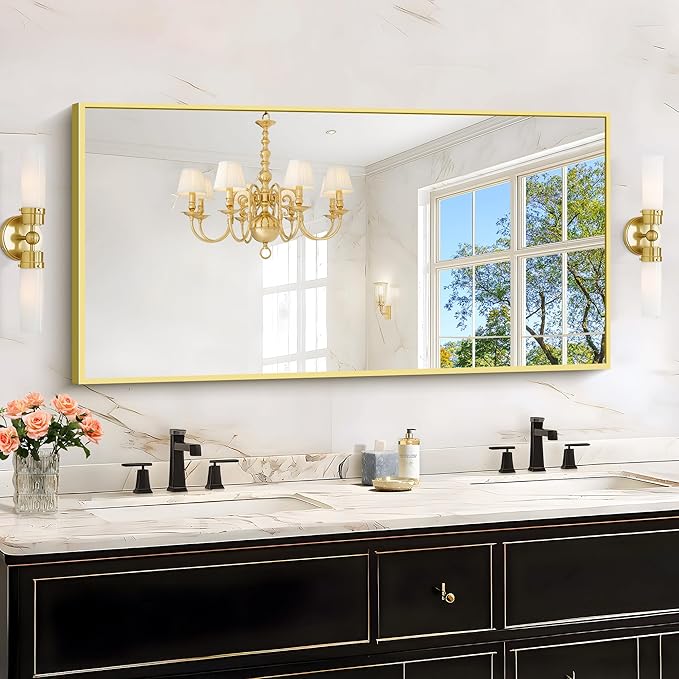 KOCUUY Gold Bathroom Mirror, 24x48 inch Brushed Gold Mirror for Over Sink, Aluminum Framed Rectangular Bathroom Mirror for Bedroom Living Room Bathroom, Hang Horizontal/Vertical