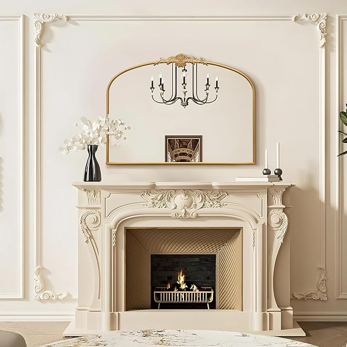 Antique Arched Gold Mirror: 40"x30" Large Gleaming Gold Vintage Wall Mounted Mirror - Baroque Traditional Ornate for Fireplace/Bathroom/Living Room - Home Decor for Homemakers