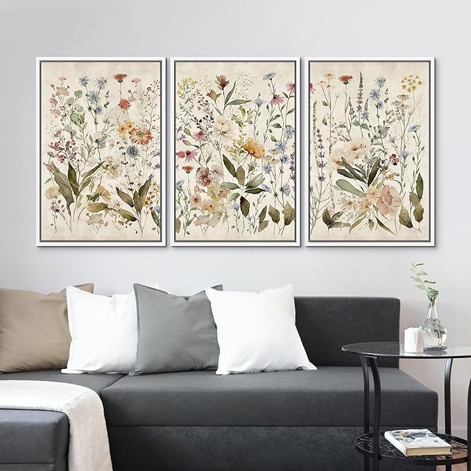 MUDECOR Framed Wall Art Print Set Blooming Wildflowers Illustrations Modern Art Decorative Colorful Chic for Living Room, Bedroom, Office - 16"x24"x3 White