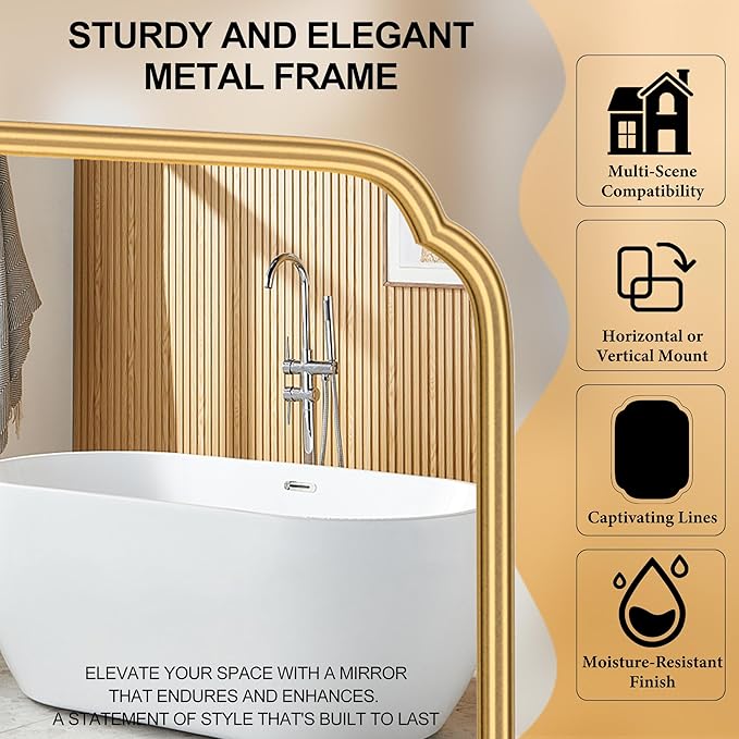 28"x36" Gold Bathroom Mirror with Rustproof Metal Frame, Modern Rounded Corner Wall Mirror for Vanity Over Sink, Horizontal/Vertical Hanging