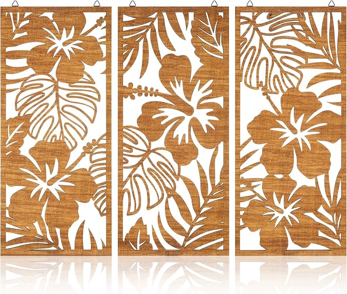 3 Pcs Tropical Wall Decor 3d Wooden Palm Leaf Wall Art Monstera Sculptures Wood Hibiscus Flowers Hanging Decor Vintage Plant Plaque for Home Bathroom 7.09 x 15.75 Inch(Classic Style)