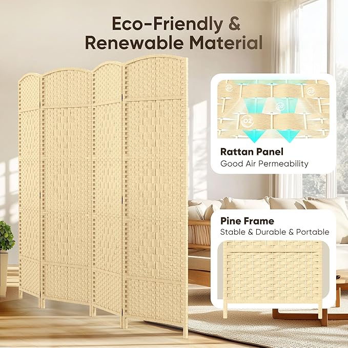 JOSTYLE Room Divider Wall 4 Panel 6FT Room Divider Panel, Privacy Divider Screen for Room Separation, Folding Parition Screen Freestanding for Bedroom Home Office Restaurant, Ivory White