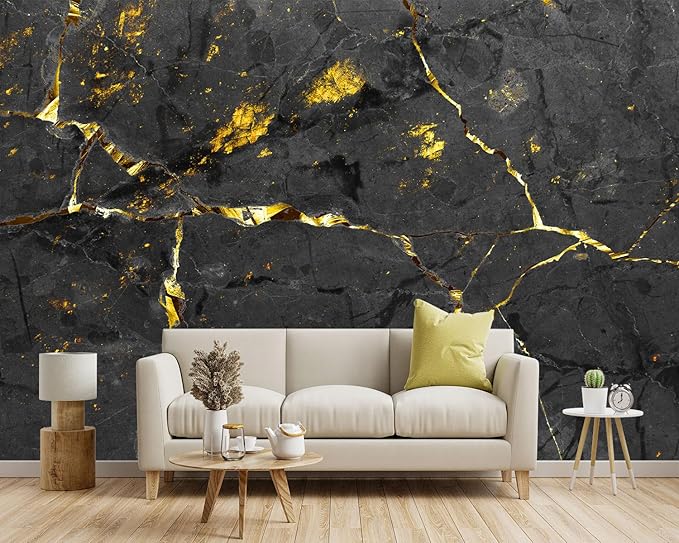 -Black and Gold Marbled Fabric Wallpaper Dark Abstraction Art Living Room Bedroom Bathroom Wall Mural- 160"x108"（ not Peel and Stick）
