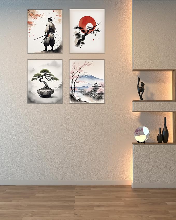 Japanese Wall Art Set of 4 – Samurai, Rising Sun, Bonsai Tree & Mount Fuji Prints – 8x10 inch Unframed, Modern Minimalist Asian Oriental Decor for Living Room