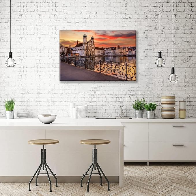 Mordern 1Pcs European Cityscape Canvas Wall Art Scenic Sunset Over River Cathedral with Domes Ready to Hang Architecture Romantic Travel Destination Decorative Framed Artwork for Living Rooms Bedrooms