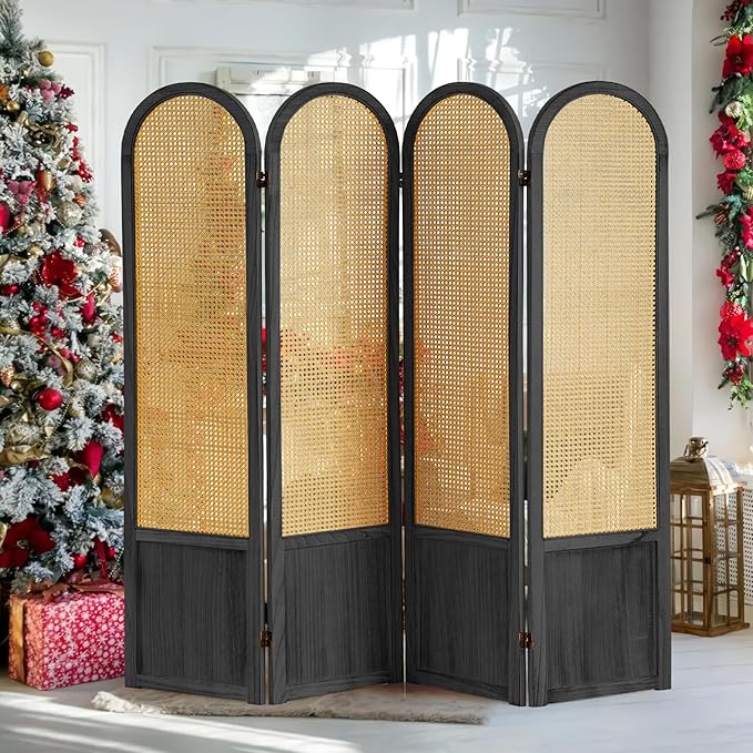 4 Panel Room Divider and Folding Privacy Screen 5.6 Ft Foldable Double Hinged Room Partition, Hand-Woven Rattan Room Divider Portable Wood Wall Divider for Room Separation, Home, Black