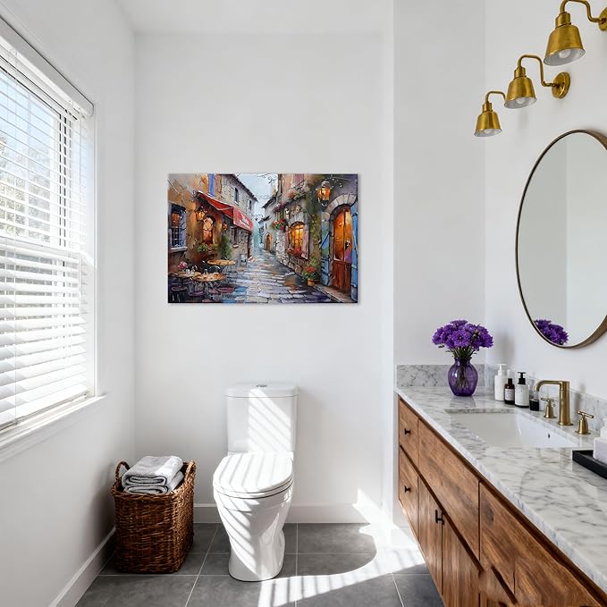 Modern Framed Street View Wall Art European Coffee Shop Canvas Print, Contemporary City Scene Painting, Vintage Cafe Artwork for Kitchen Dining Room Living Room, Bedroom Home Decor, Multi Size (Street 01, 24L"×16W")