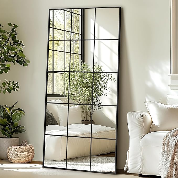Delma Full Length Mirror, 64"x 32" Window Pane Decorative Mirror for Wall, Black Metal Framed Wall Decor, Wall Mounted, Hanging or Leaning for Bedroom, Living Room, Entryway