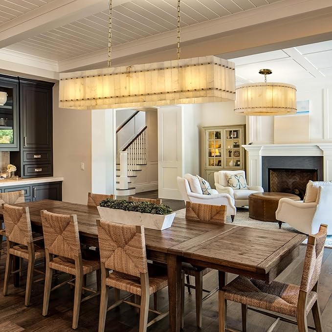 53.4" Rectangle Alabaster Chandelier, Modern Dining Room Chandeliers, 10-Light Marble Hanging Pendant Dining Light Fixture for Kitchen Island, Living Room, Bedroom, Foyer, Entryway