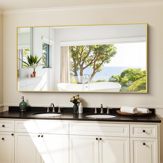 KOCUUY Large Gold Bathroom Mirror, 60x30 inch Rectangular Mirror for Bathroom Sink, Oversized Wall Mirror with Metal Gold Frame for Living Room, Farmhouse, Entryway, Hang Horizontal/Vertical