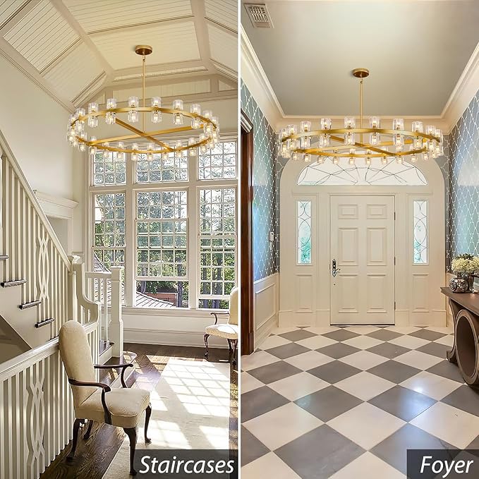 Modern 48 inch Gold Round Chandeliers Light Fixture, Crystal Chandeliers for Dining Room, Living Room Chandelier, Wagon Wheel Chandelier Over Table, Suitable for Bedroom,Foyer,Includes Bulbs