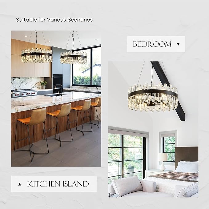 21.7" Black Modern Crystal Chandelier Light Fixtures Luxury 2 Ring Crystal Chandeliers for Dining Room 12-Light Round Hanging Pendant Lighting for Living Room Kitchen Island Entryway Bedroom