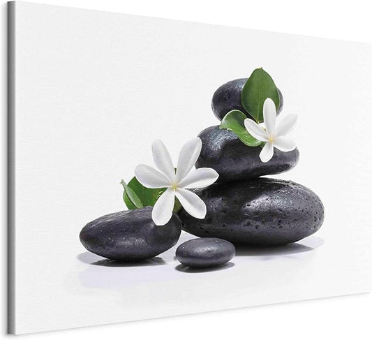 artgeist Canvas Wall Art Print White Lilies Flowers Black Rocks Minimalistic 35x24 in - 1pcs Home Decor Stretched Picture Photo Painting Artwork Image Abstract Zen Spa p-B-10009-b-a