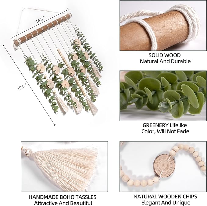 Artificial Eucalyptus Wall Hanging Decor Fake Plant Greenery Leaves Chip Strands Beads Garland on 16.5 inch Stick Boho Rustic Farmhouse Nature Bathroom Bedroom Living Room Decorations