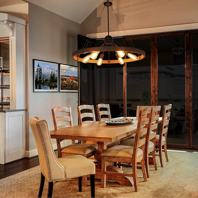 31.5'' Farmhouse Chandeliers for Dining Room, Rustic Wagon Wheel Chandelier for Entryway, Sputnik Light Fixture for Breakfast Area Stairwell Bedroom Foyer, Vintage Rust and Black Finishe