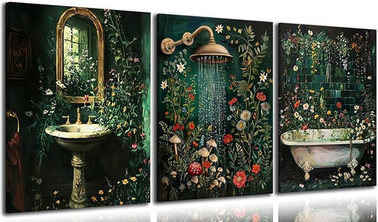 KKJ 3 Pcs Green Botanical Bathroom Canvas Wall Art, 16x24in Each, Dark Green Wildflowers, Floral Picture Wall Decor, Rural Style, Bathroom & Laundry Room Decoration