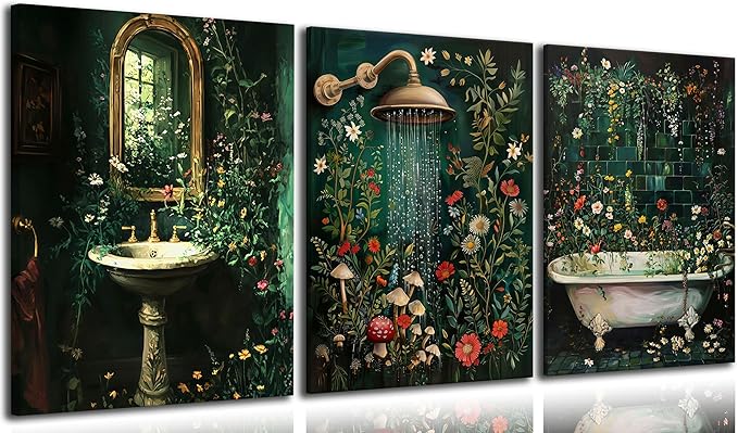 3 Pcs Green Botanical Bathroom Canvas Wall Art Washbasin Shower Baths Floral Picture Wall Decor Rural Dark Green Wildflowers Bathroom Poster Print Paintings for Laundry Room Home Decoration