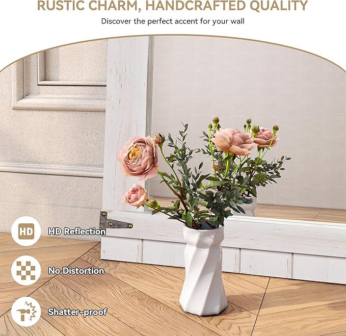 Oakrain Farmhouse Mirror, 24x32 Inch Distressed White Wood Frame with Black Metal Hinges, Rustic Wall Mirror for Bathroom, Living Room, Entryway, Bedroom